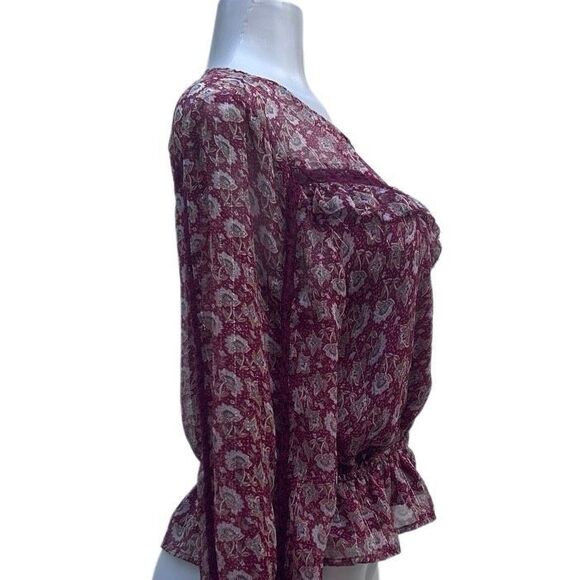 American Eagle Outfitters Blouse Women's Medium Burgundy Floral Chiffon Ruffle - Picture 7 of 13